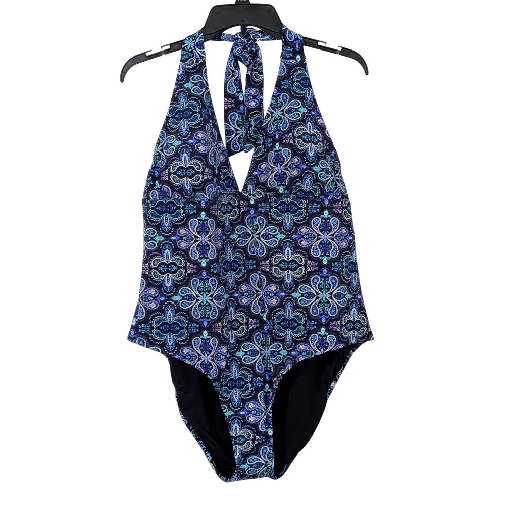 Sol Borne Womens 3X One Piece Swimsuit Halter Blue Purple Medallion Paisley NEW